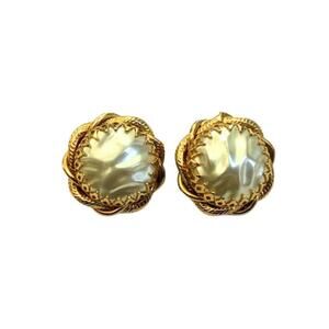 Vintage Gold Tone Faux Pearl Cabochon Clip-On Earrings PAT PEND